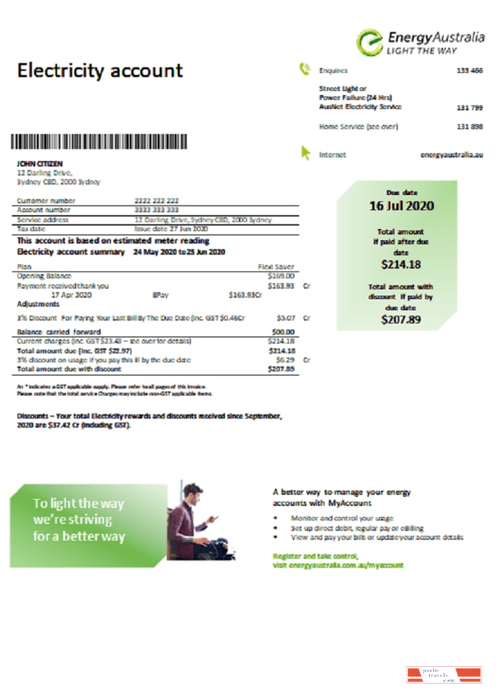 Australia Energy Australia electricity utility bill template in Word and PDF format